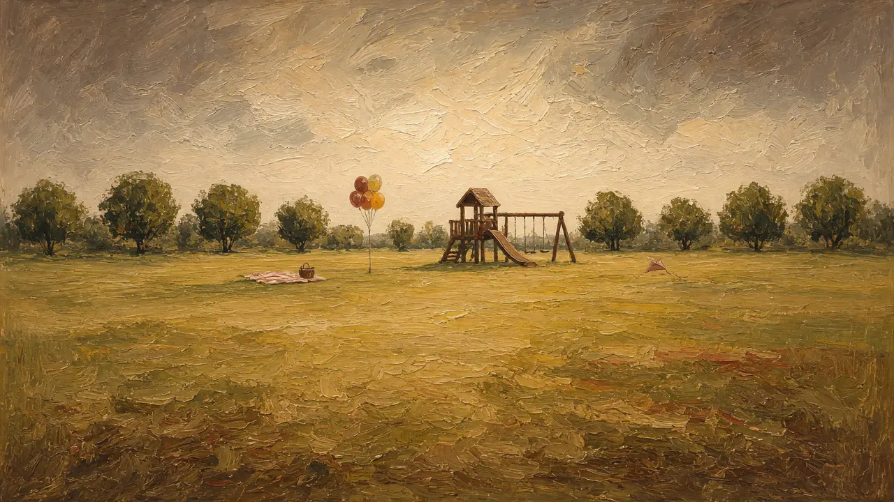 Painting of a playground and trees on a wide green lawn.