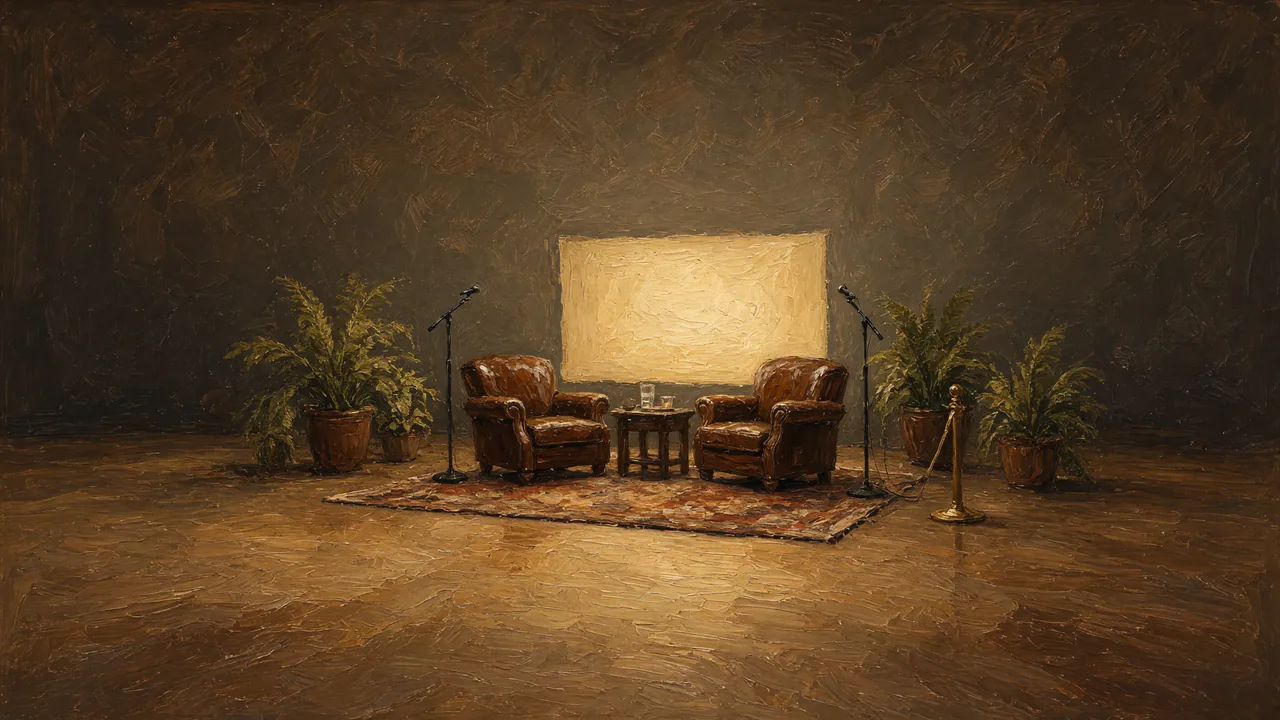 Painting of two armchairs before a glowing screen with potted palms.
