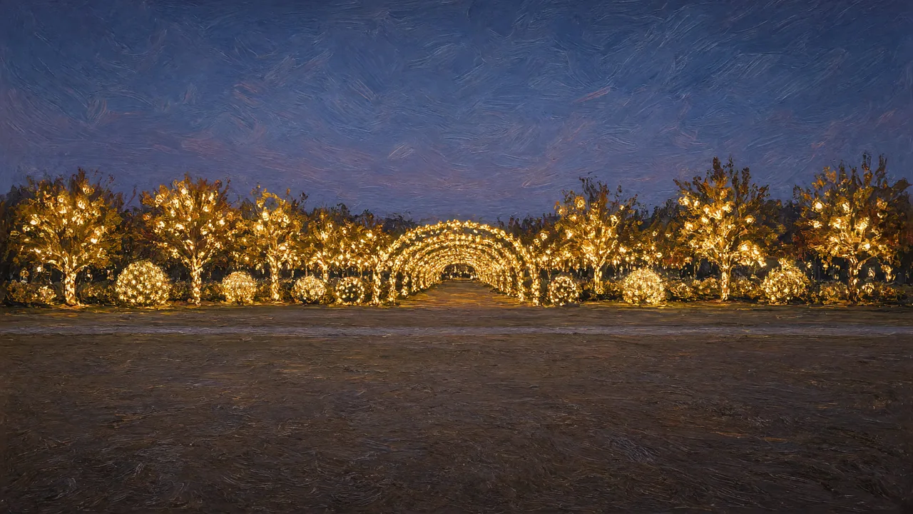 An empty garden at dusk with a glowing arched light tunnel and trees wrapped in warm lights beyond a dark lawn.