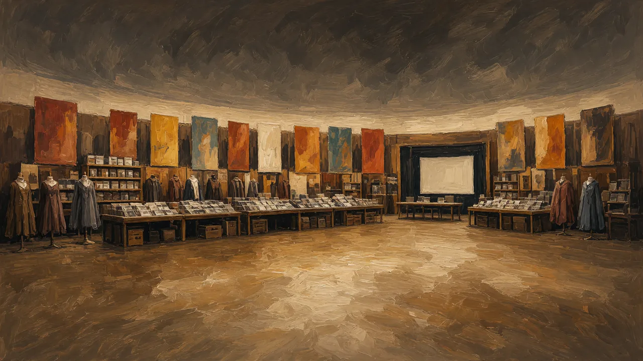Painting of pet supplies and bookshelves in a hall around a large screen.