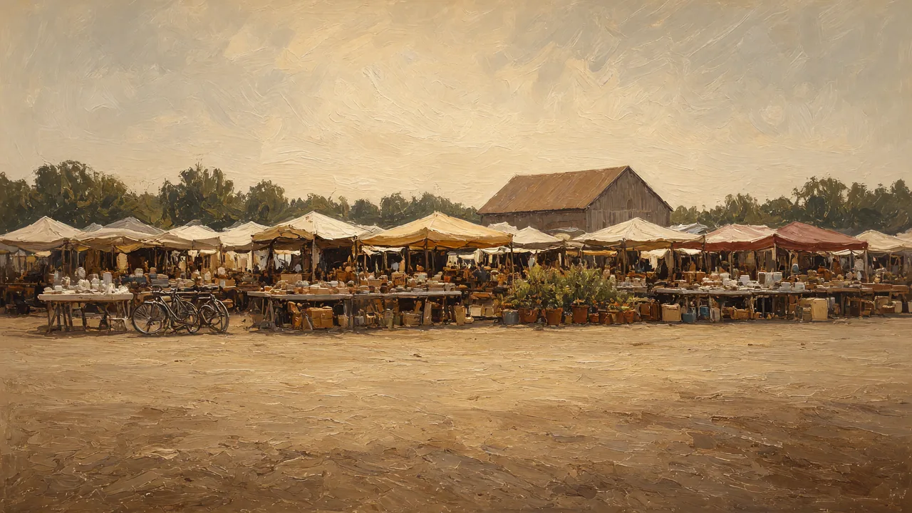 Painting of rows of market umbrellas in front of a farmhouse.