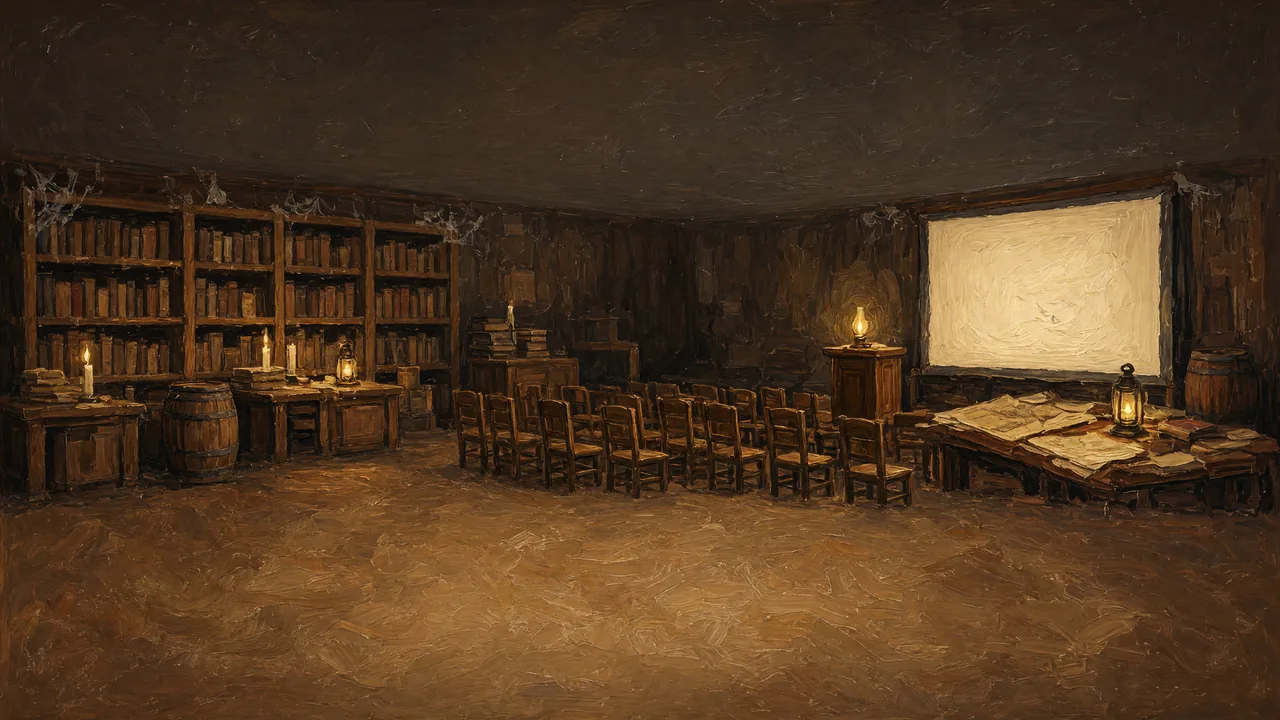 Painting of bookshelves and a projection screen in a candlelit library.