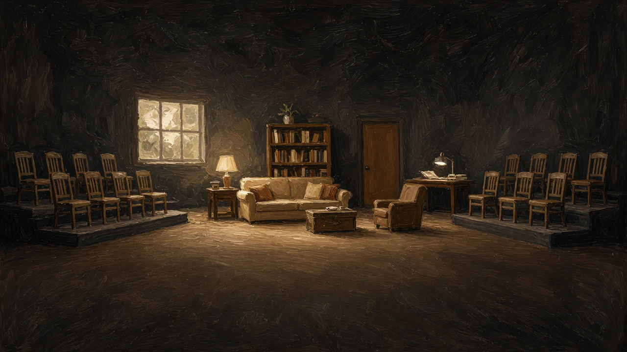 Painting of a stage set like a living room facing rows of seats.