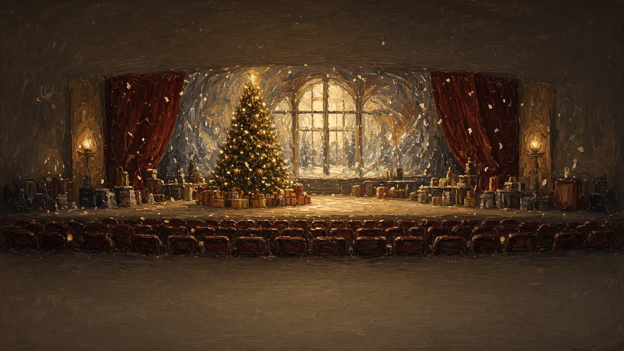 Painting of a stage with a decorated tree and draped curtains.
