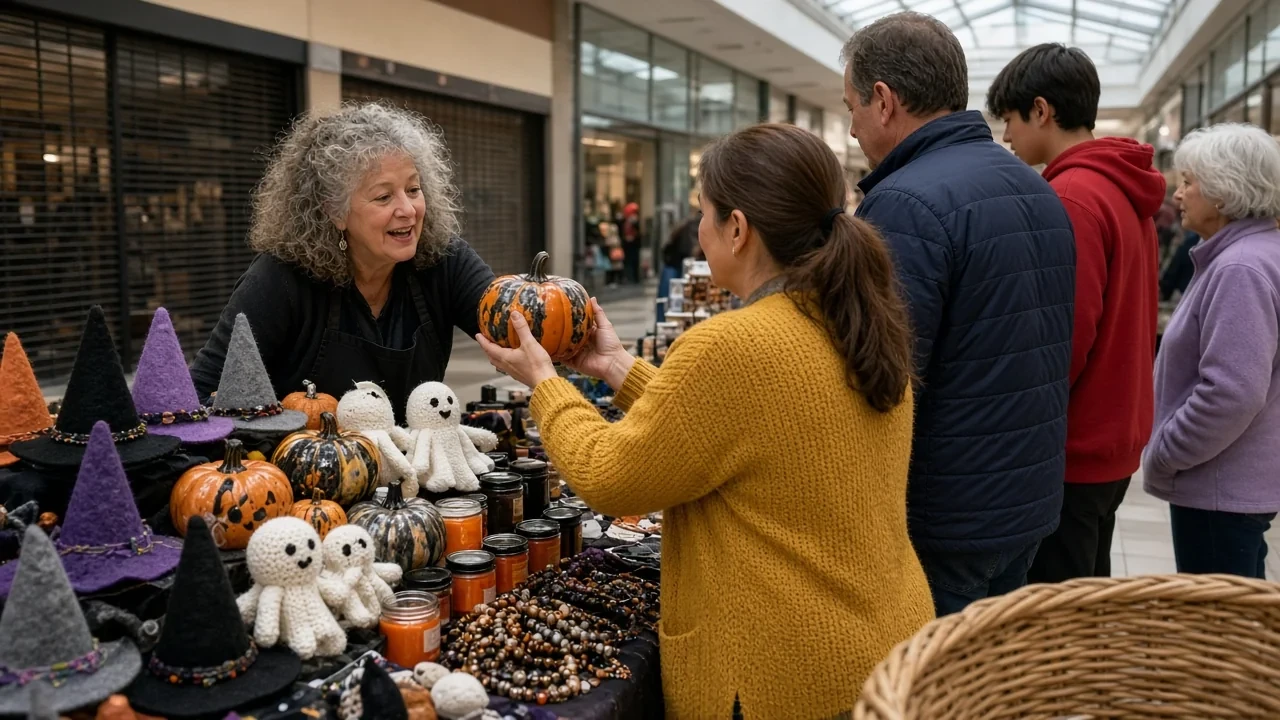Shoppers browsing a market table of Halloween decorations and crafts.