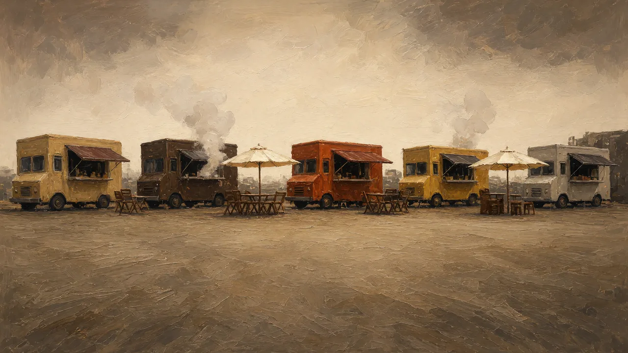 Painting of a row of food trucks with steam rising.