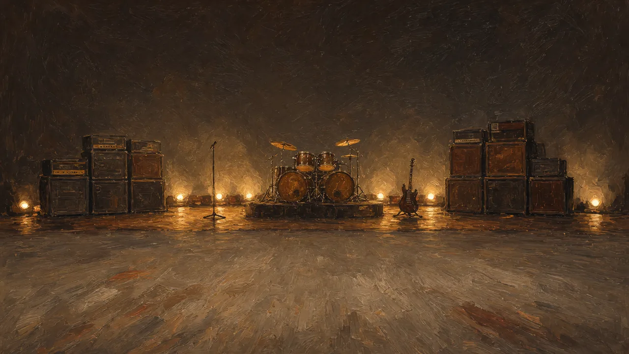 Painting of amplifiers and drums on a dark stage lit by candles.
