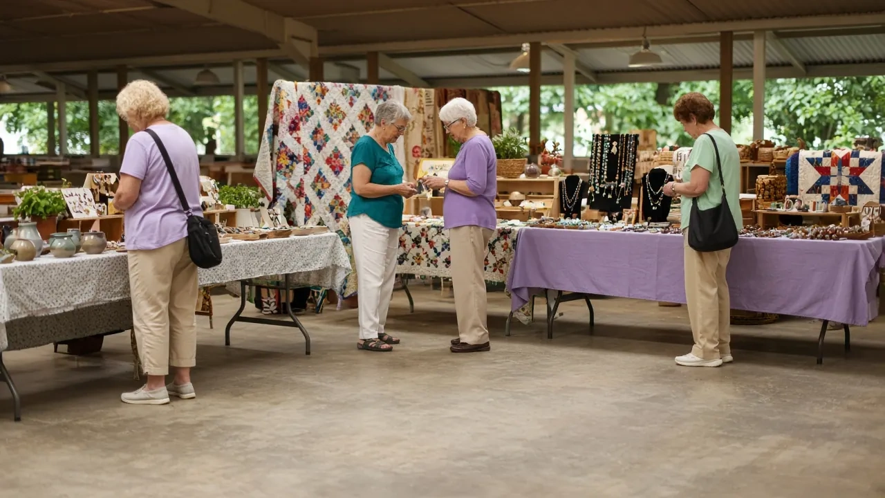 Shoppers browsing tables of crafts and quilts under an open pavilion.
