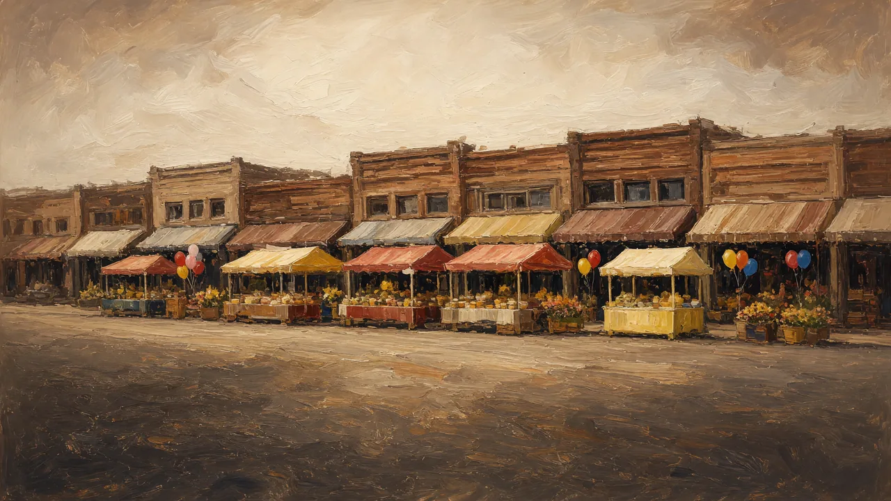 Painting of a row of shops with colorful awnings on a main street.
