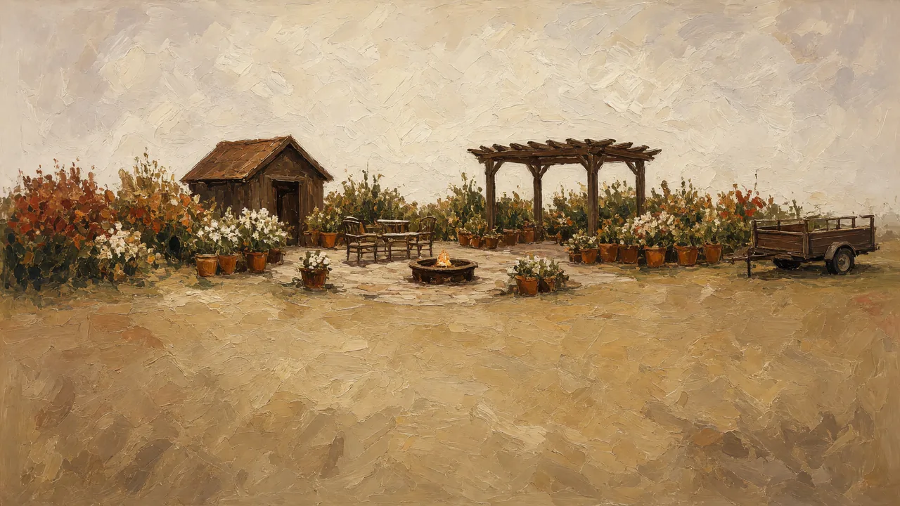 Painting of a garden shed, pergola and flower beds on open ground.