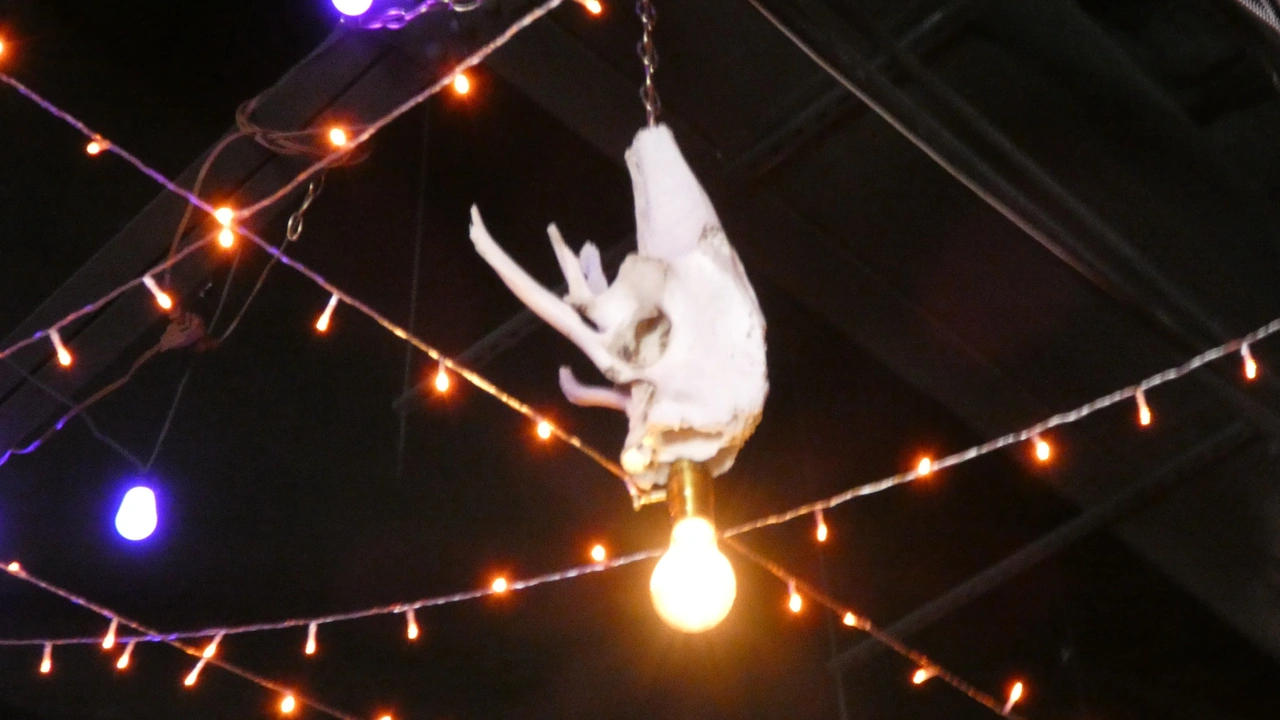 String lights and skeleton decor inside Chapel of Bones