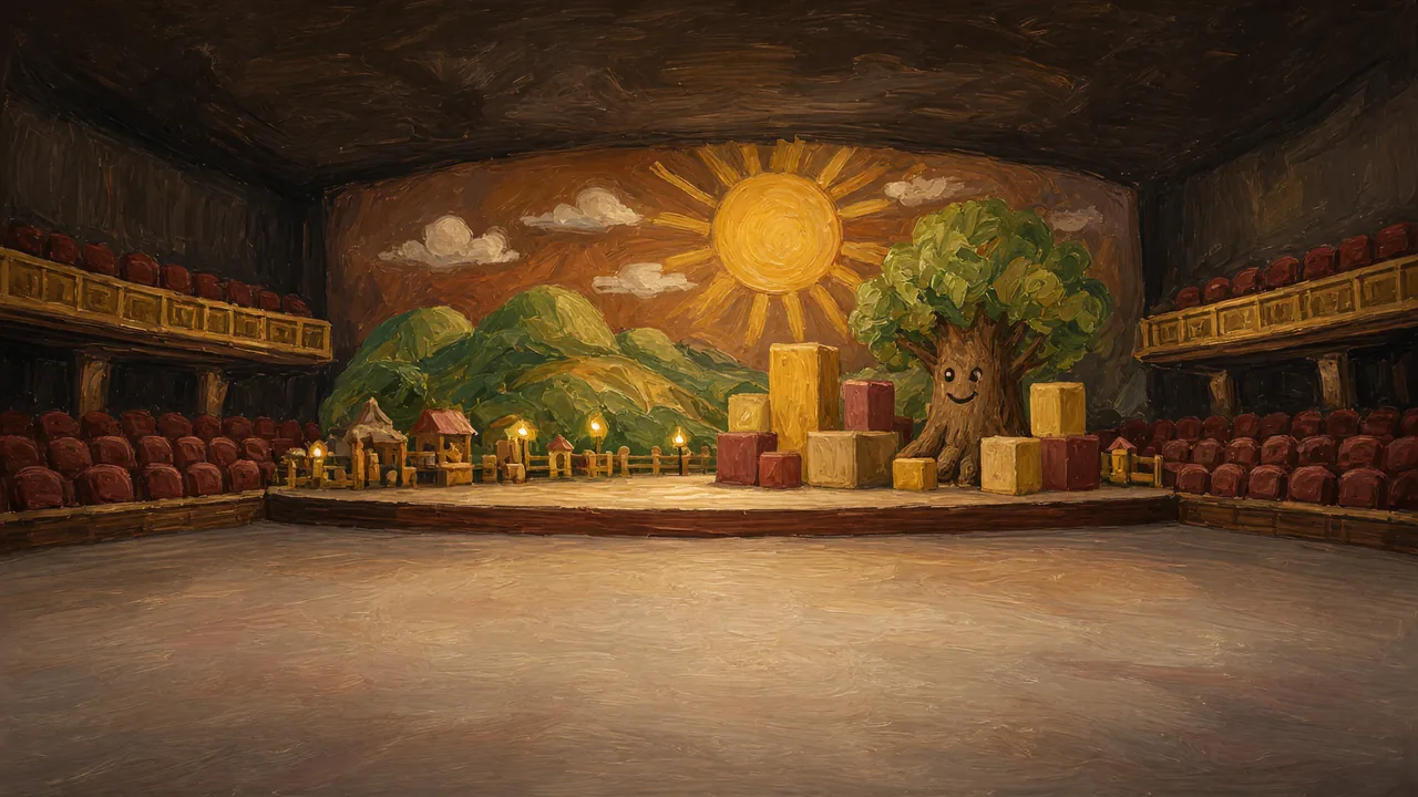 Painting of a theater with a painted sun on the stage curtain.