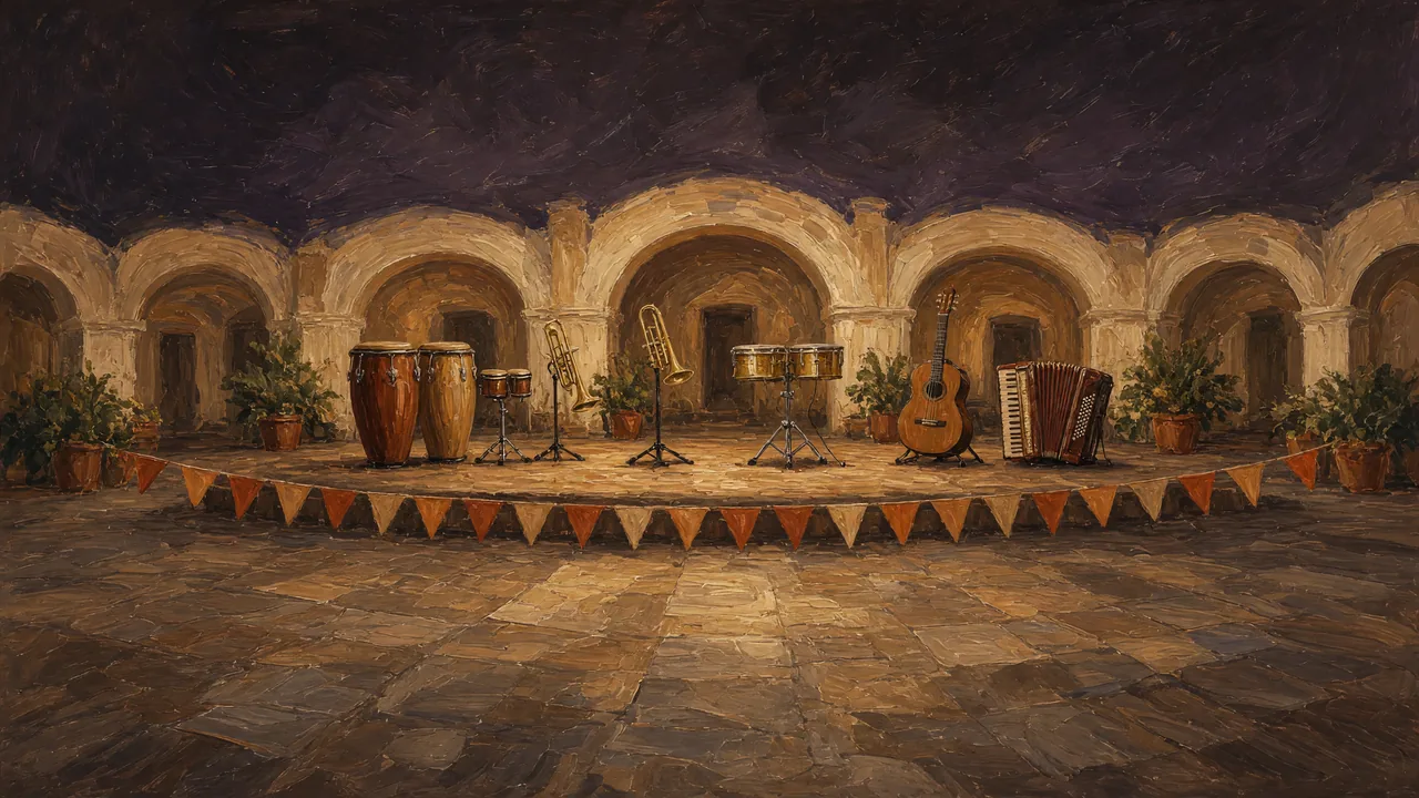 Painting of drums and microphones on a stage beneath stone arches.