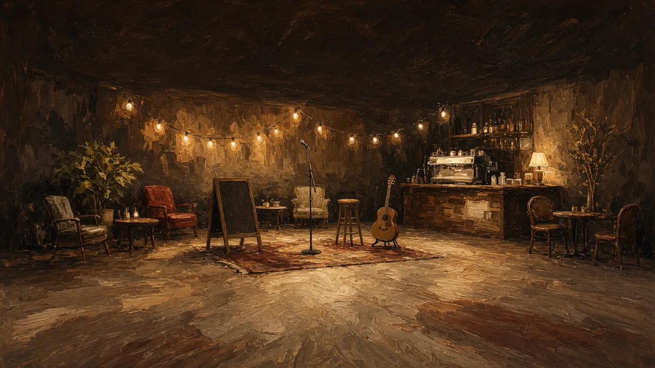 Painting of cafe tables and a stage under string lights.