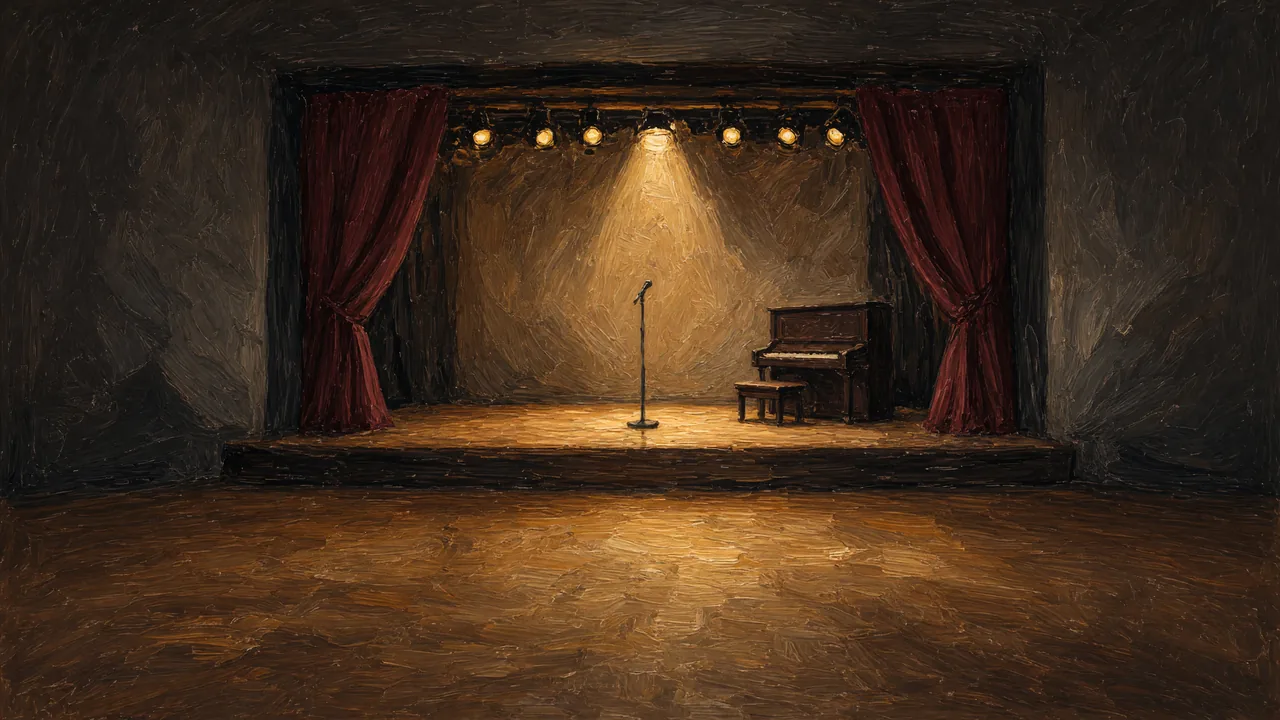 Painting of a small stage with a piano, microphone and red curtains under spotlights.