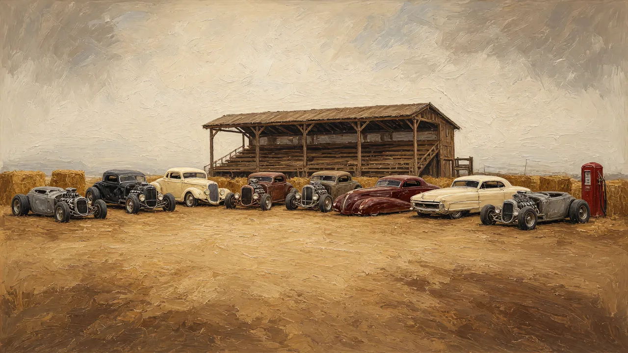 Painting of vintage hot rods parked beside an old wooden barn.