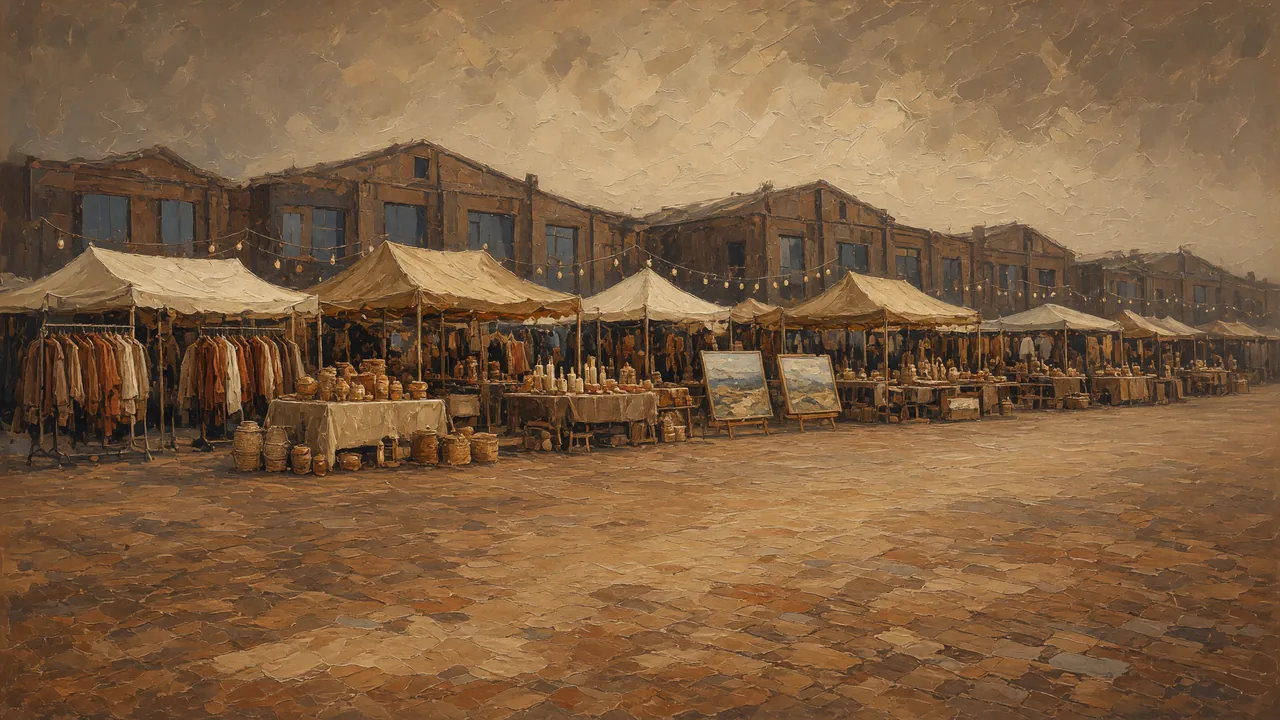 Painting of vendor tents in front of old brick buildings.