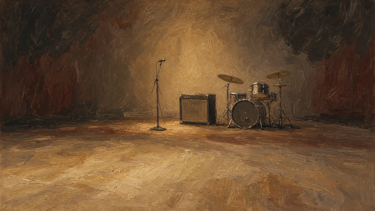 Painting of an empty stage with a drum kit, amplifier and microphone stand.