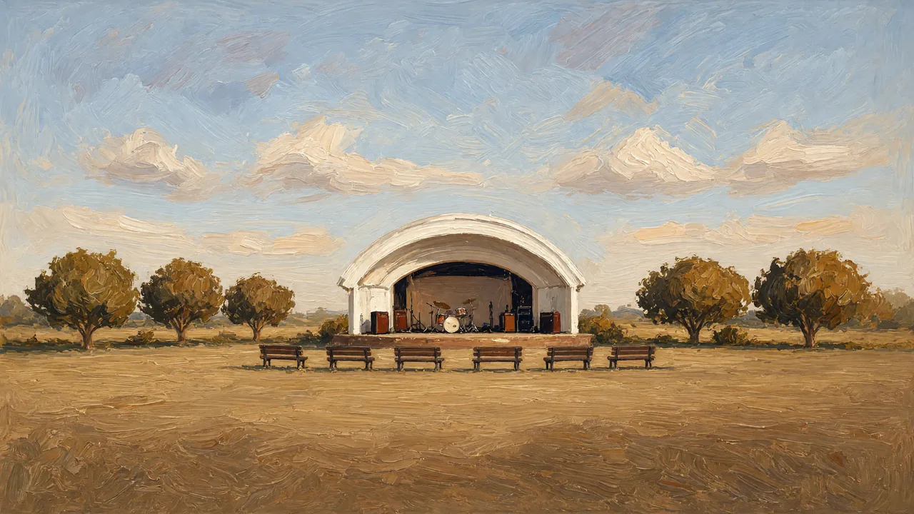 An empty white band shell in a sunny park with a drum kit on stage and rows of empty benches.