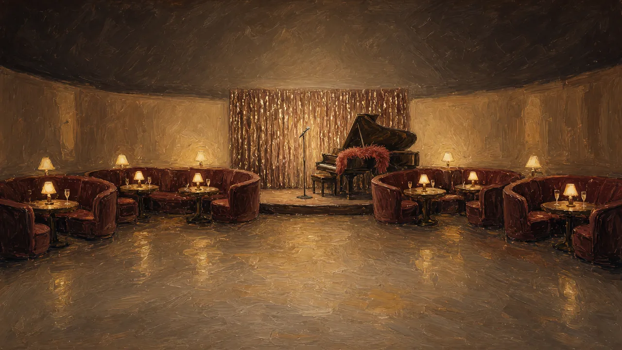 Painting of a lounge with red booths, lamps and a curtained stage.
