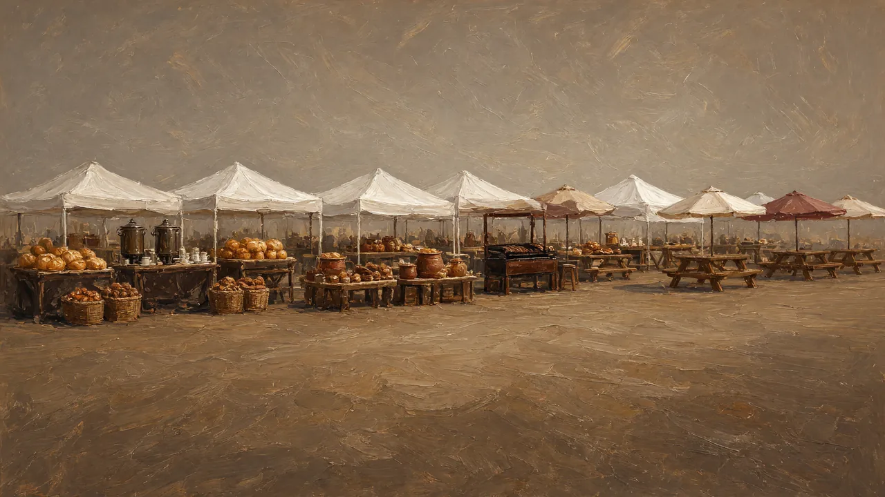 Painting of white canopies over produce stalls.
