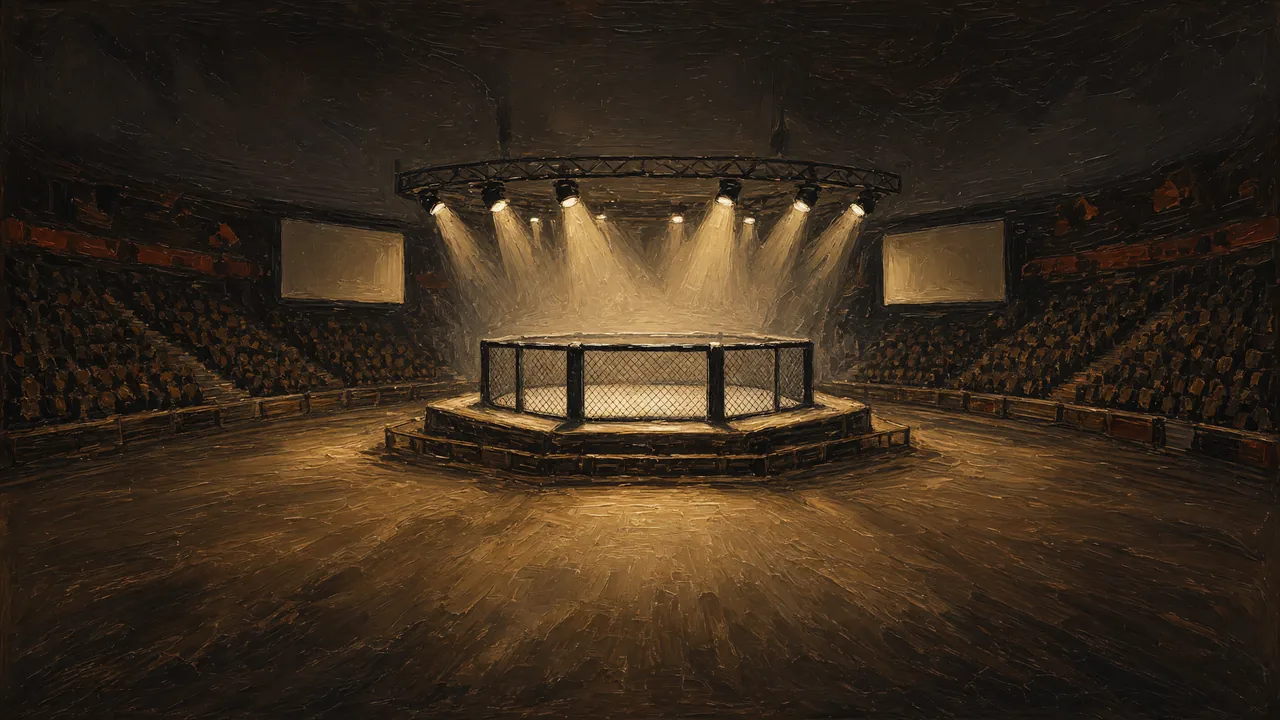 Painting of a lit fighting cage in a large dark arena.
