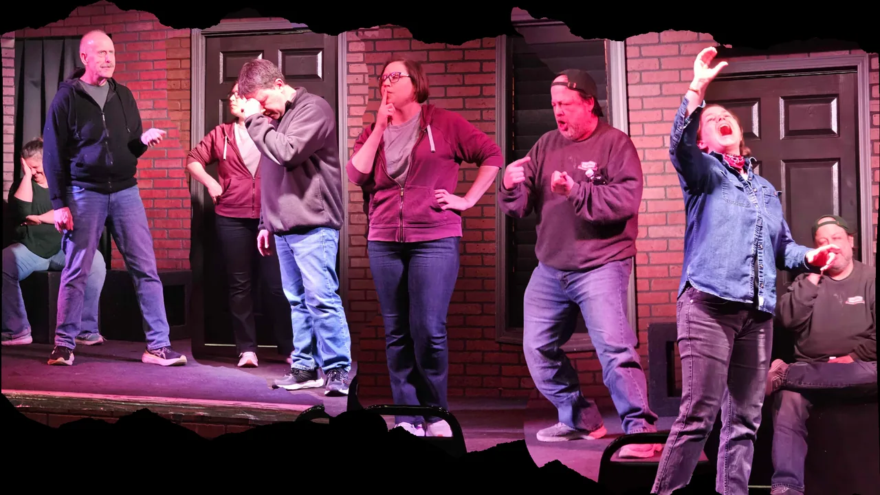 An improv troupe performs on a small stage
