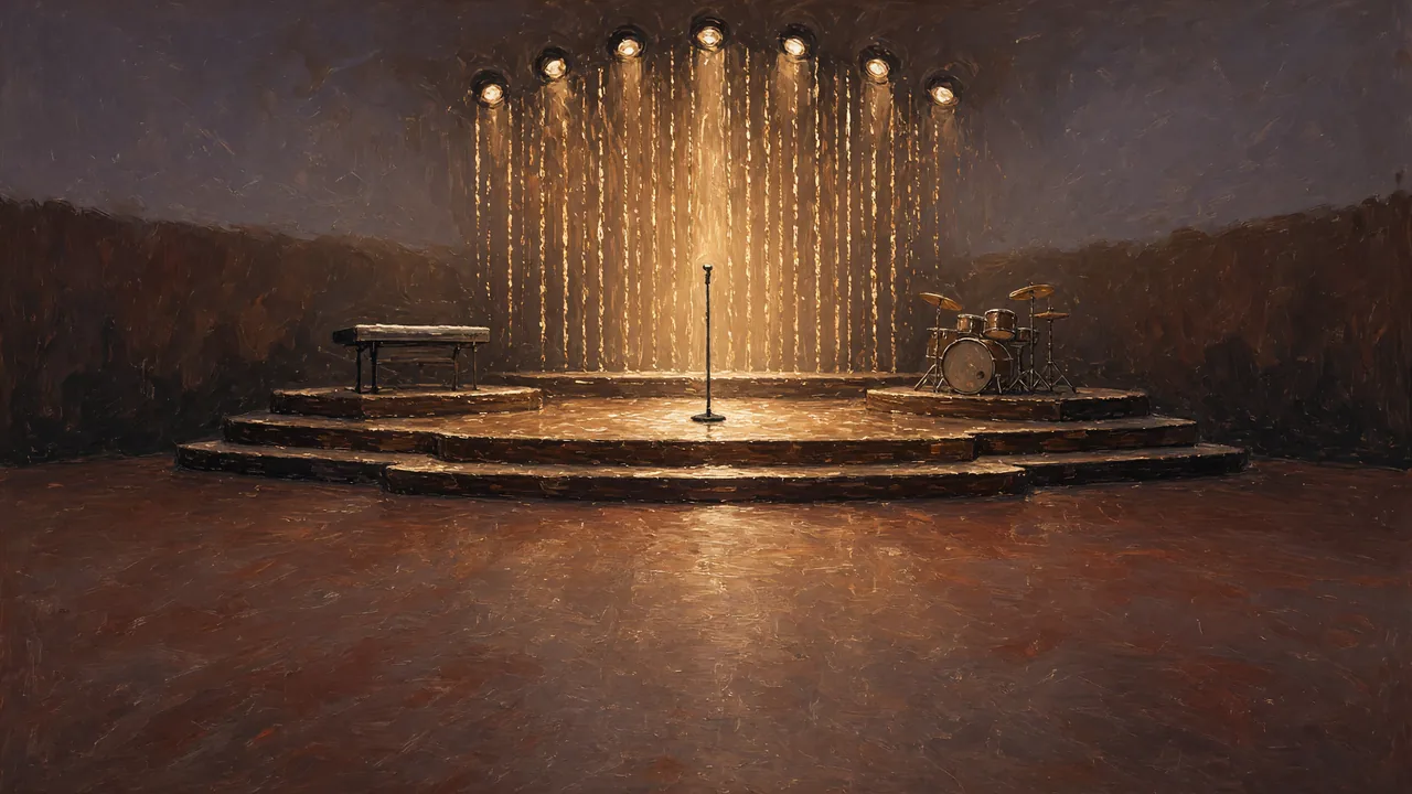 Painting of a stage under a cascade of hanging lights.