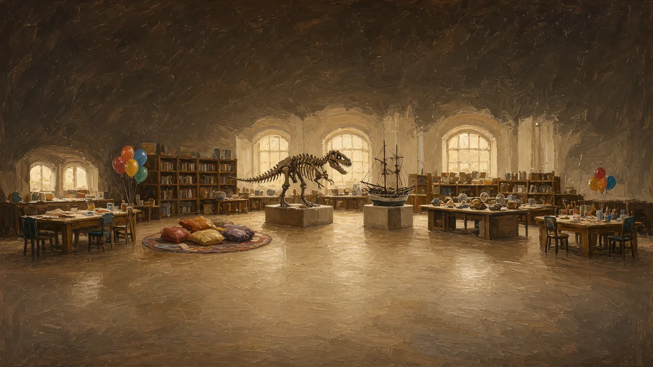 Painting of activity tables and a dinosaur model in a bright hall.