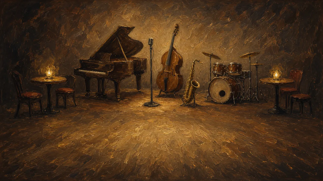 Painting of a piano, upright bass and drums beside candlelit tables.