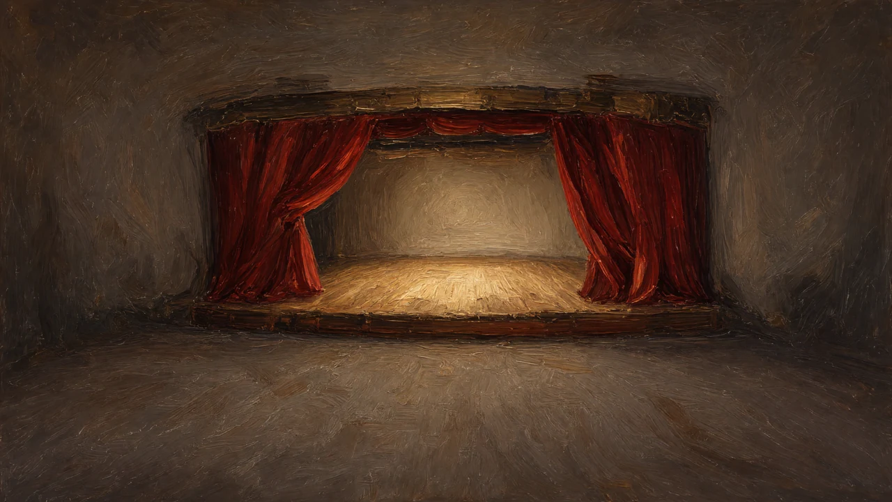 Painting of an empty stage framed by red curtains.