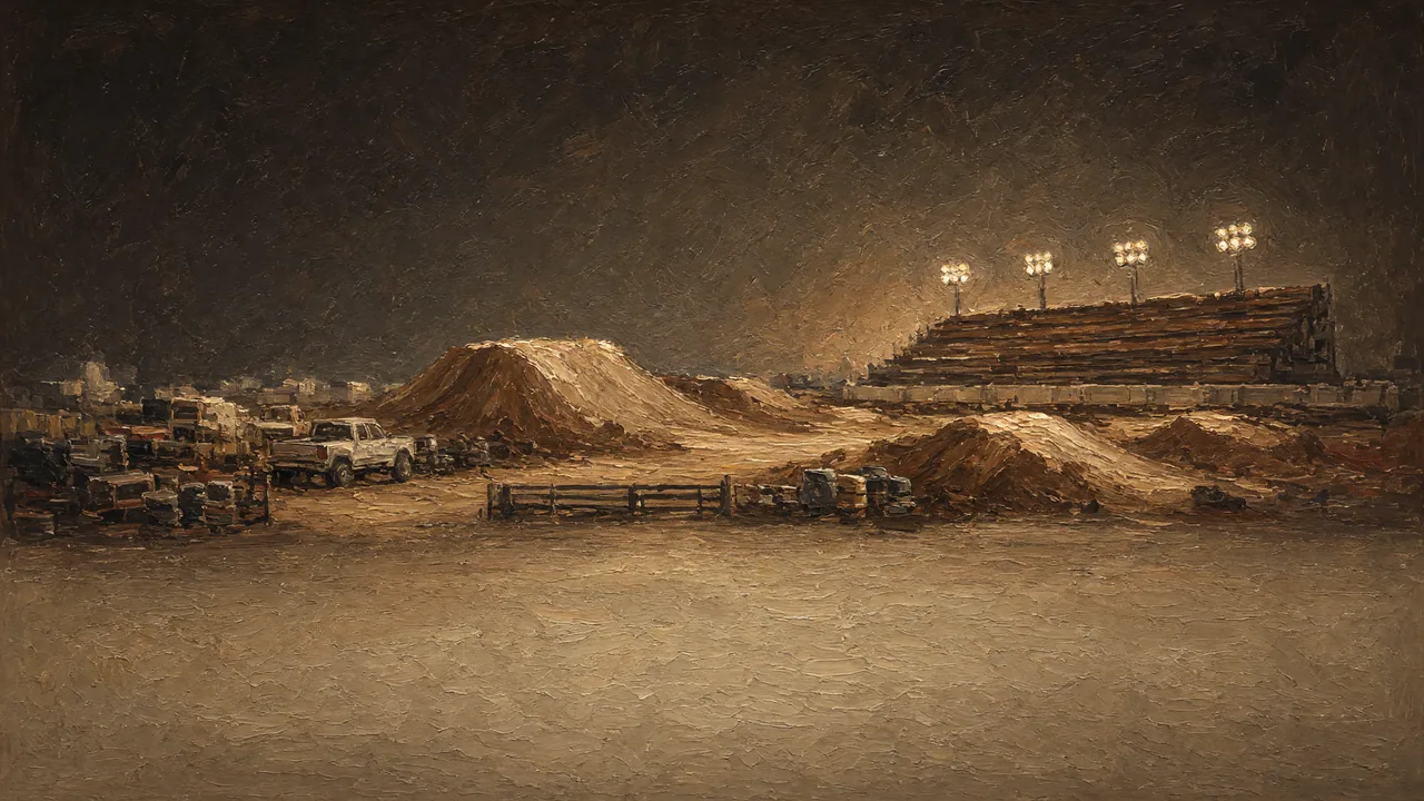 Painting of a dirt track with grandstands and parked trucks.