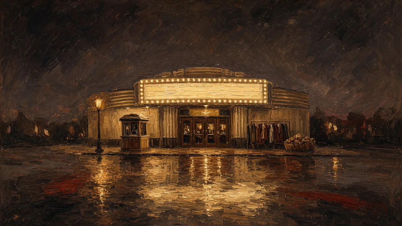 Painting of a lit theater marquee on a rainy street at night.