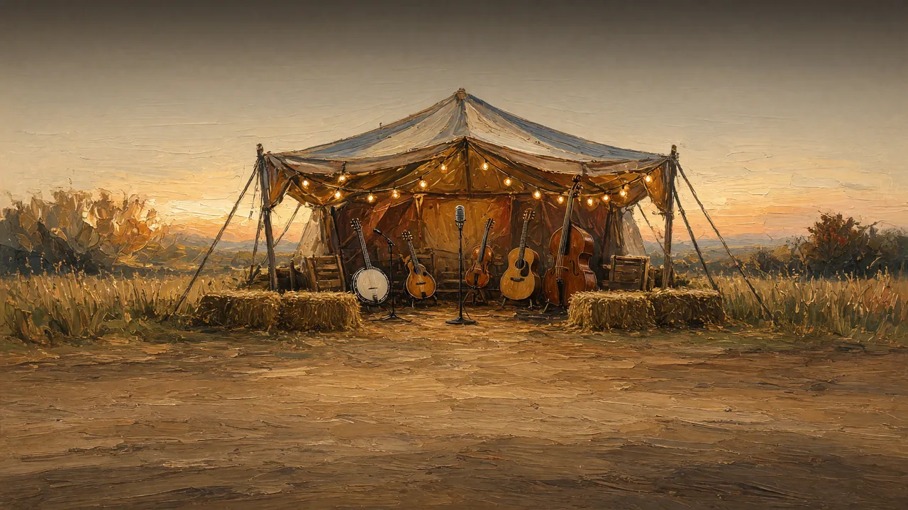 Painting of a stage with instruments under a tent in a field at sunset.