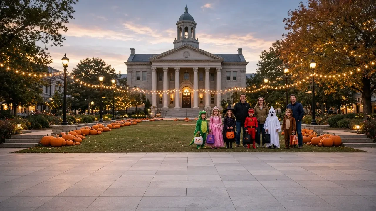 Families in costumes on a lawn lined with pumpkins in front of a domed courthouse at dusk.