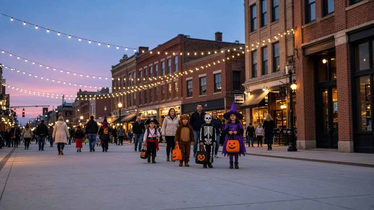 People in costumes walking a downtown street of brick storefronts strung with lights.