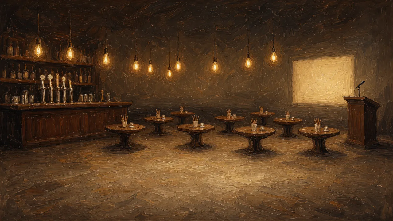 Painting of small round tables before a screen in a dim pub.