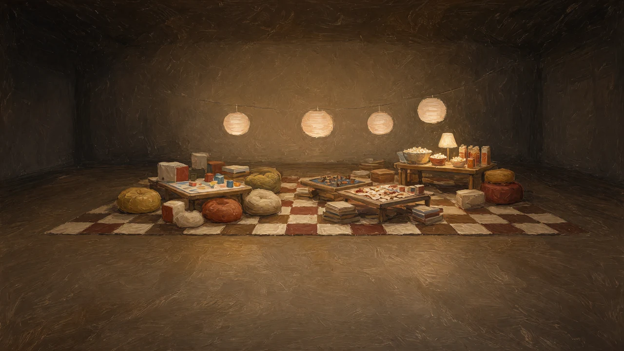 Painting of board games on a checkered floor under round lamps.