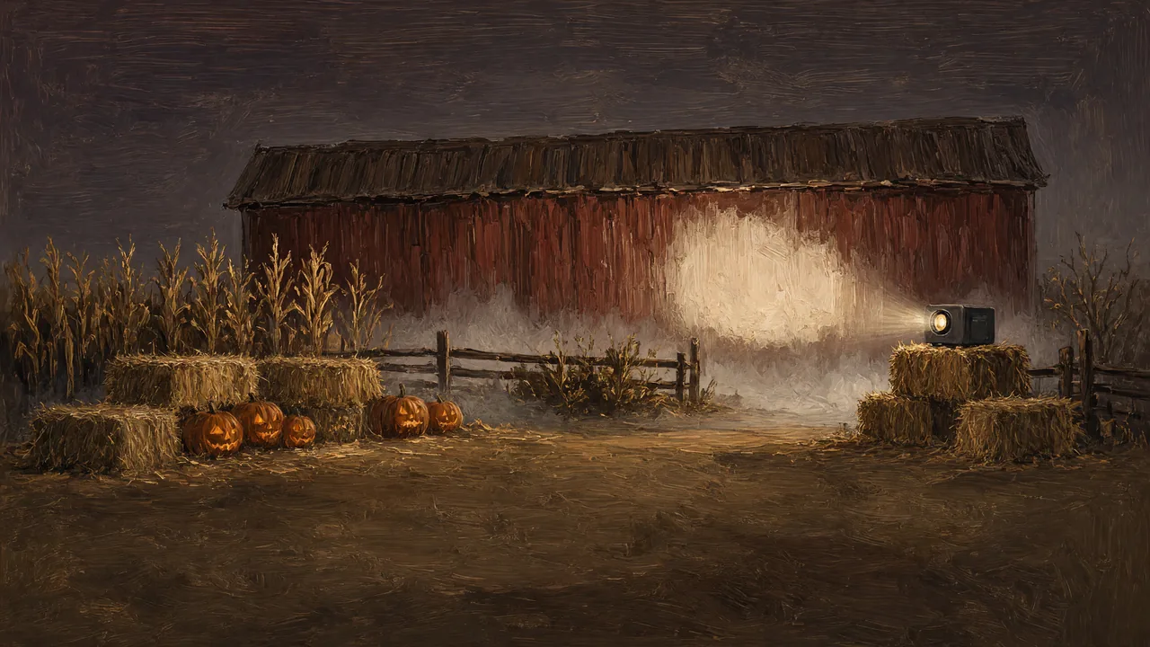 Painting of hay bales and a projector beam beside a covered bridge.