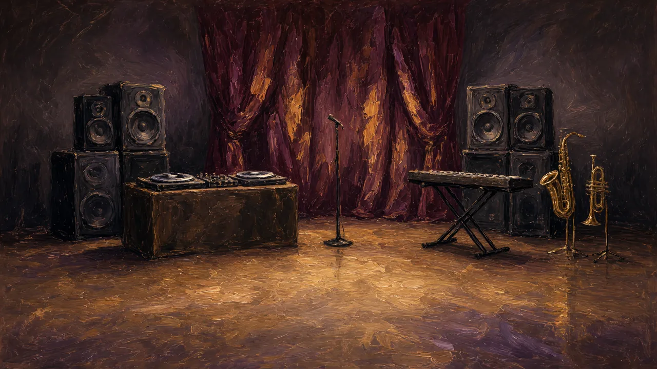 Painting of turntables, speakers and keyboards before purple curtains.