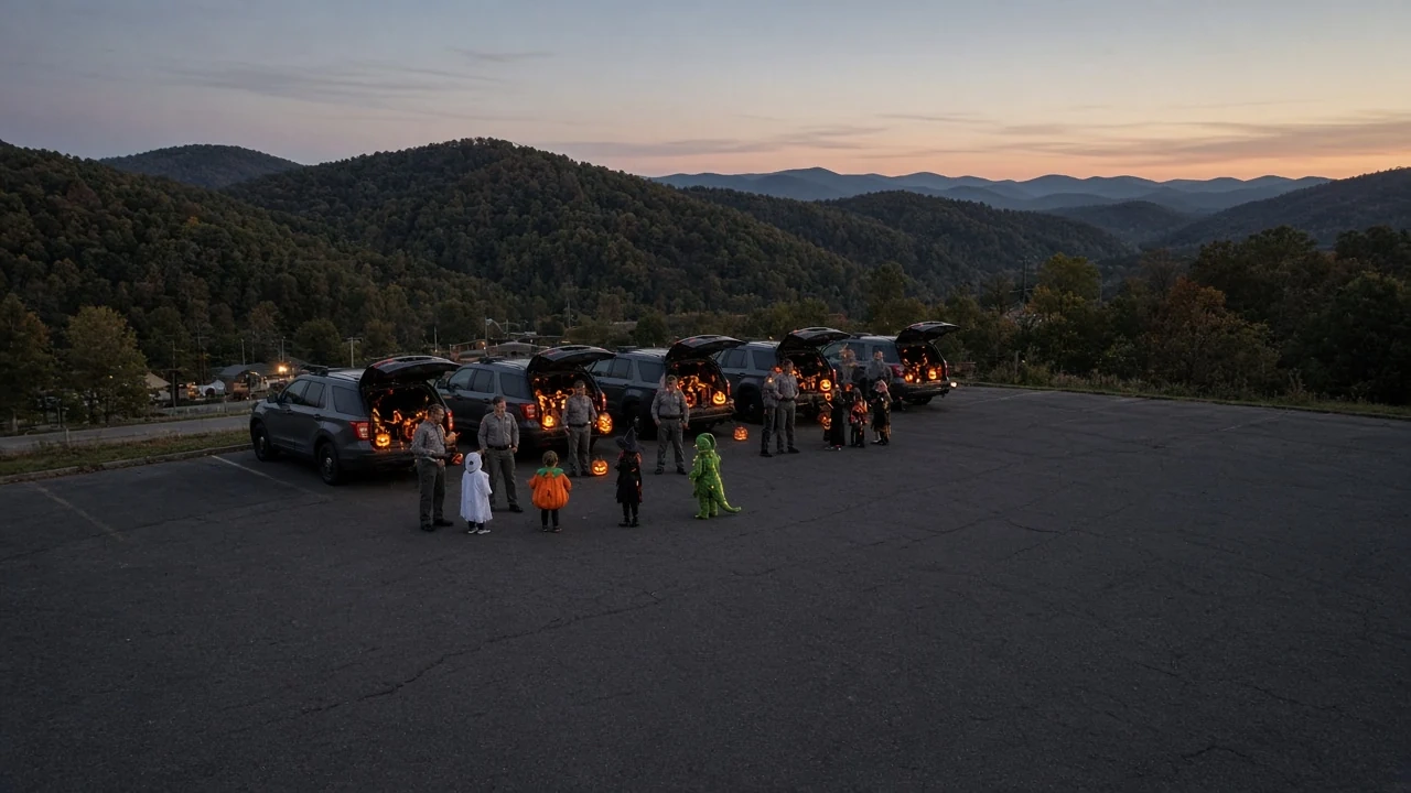 Cars with open trunks parked in a row at dusk, children in costumes walking between them.