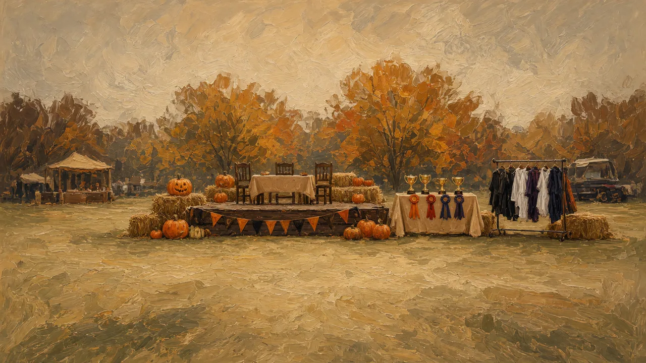 Painting of a costume rack and pumpkins beside a small stage in a park.