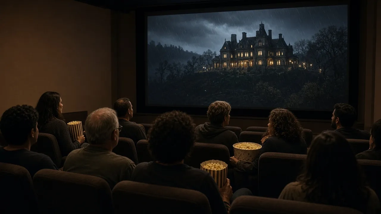 An audience seated in a dark theater watching a film on a large screen.