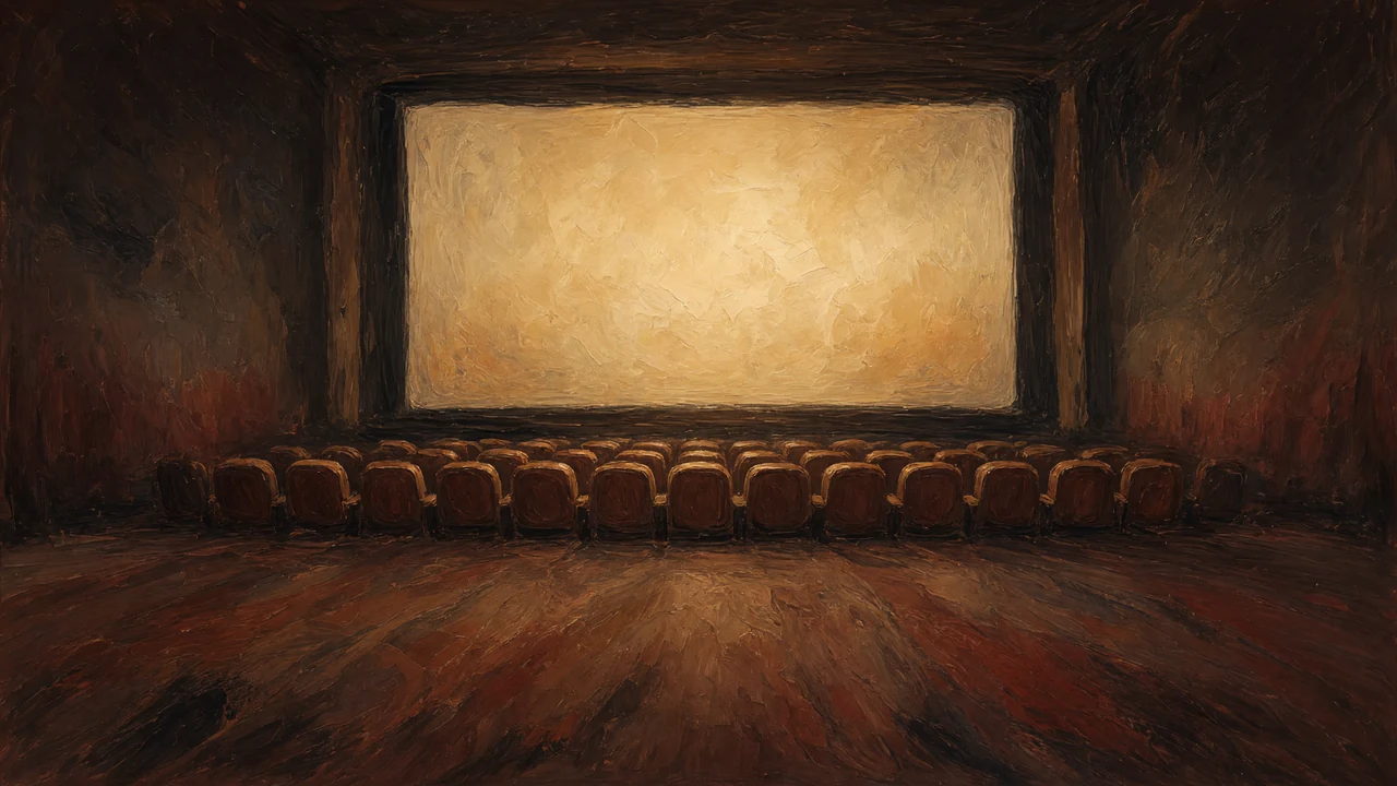 Painting of a blank movie screen above rows of seats in a dark theater.