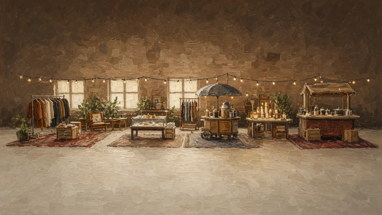 Painting of booths with rugs and string lights in a bright hall.