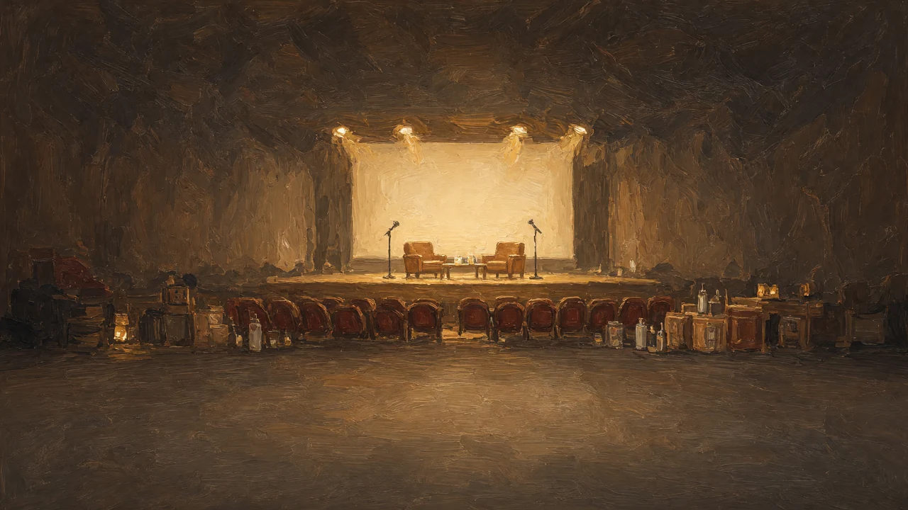 Painting of a lit stage with tables in a dim hall.