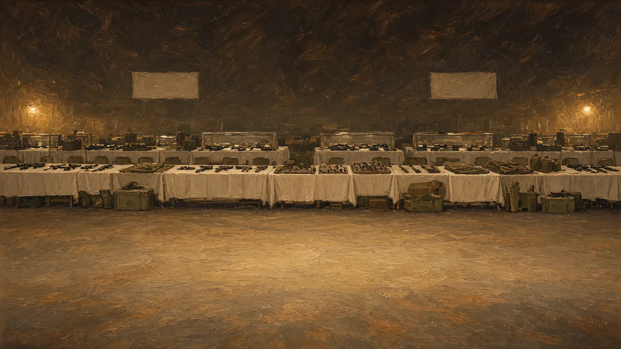 Painting of display tables in a long dim hall.