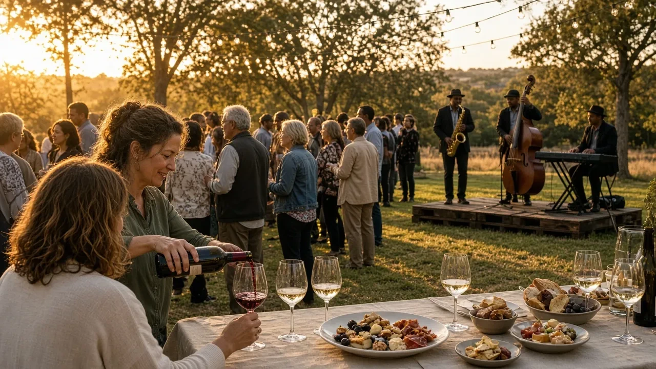Guests sampling wine at outdoor tables of food under string lights, with a band behind them.