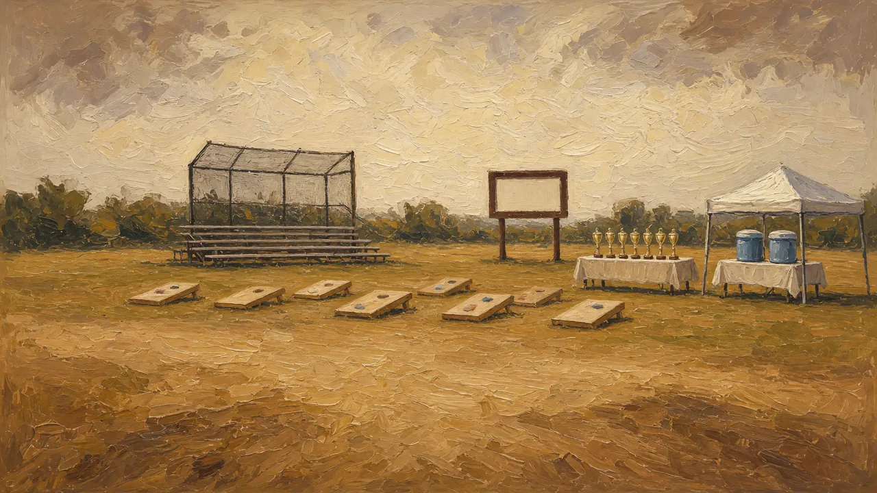 Painting of cornhole boards, a net and canopies on a grassy field.