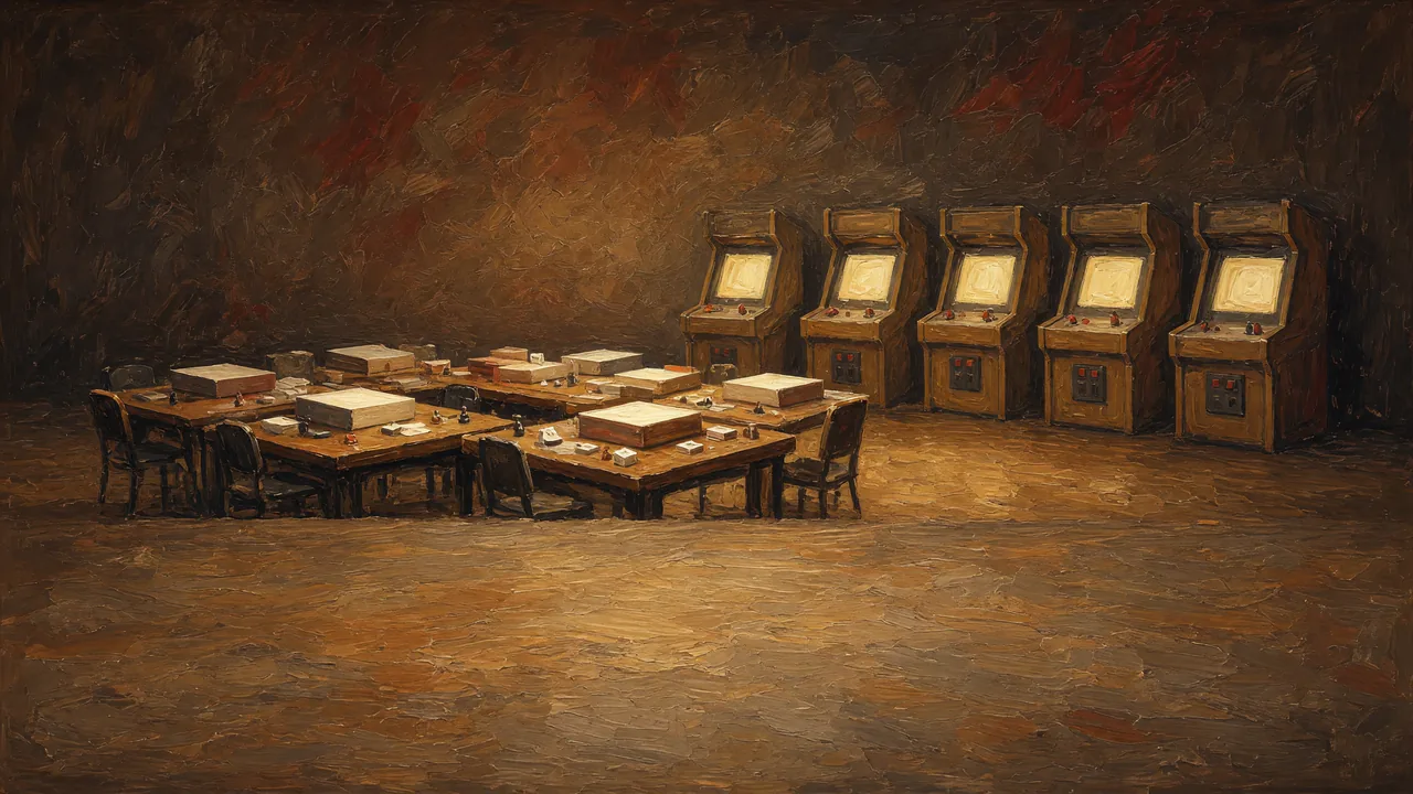 Painting of arcade cabinets and game tables in a dim room.